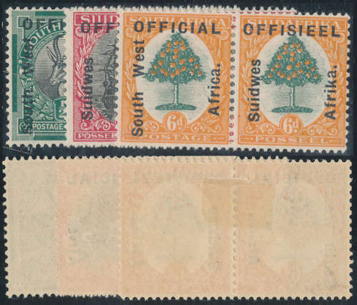 South West Africa Official Stamps - 1929 - S.A. stamps ovptd - ½d, 1d, 6d fine mint horiz pairs .