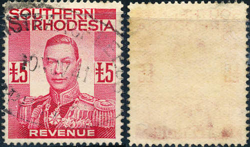 Southern Rhodesia Revenue Stamps - 1937 - Geo VI - £5 red fine used . SG BandH 23 .