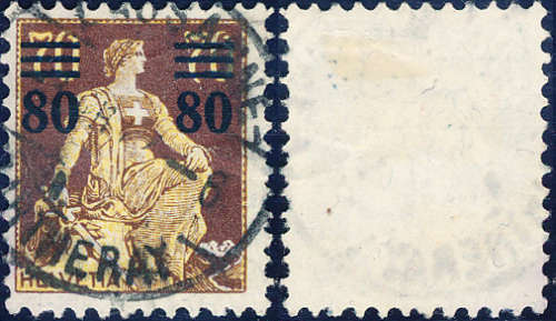Switzerland - 1915 - Surch - 80c on 70c orange-yellow and chocolate fine used . SG 301 .