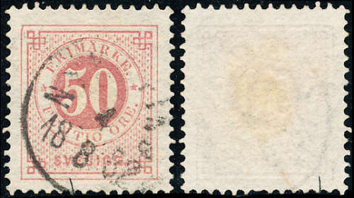 Sweden - 1872-79 - Defins - 50 ö rose-carmine perf 13 fine used . SG 25b .
