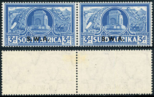 South West Africa - 1938 - Voortrekker Cent Mem Fund - 3d + 3d blue horiz pair mint hinged . SACC135