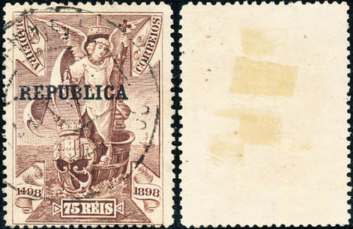 Portugal - 1911 - Republic Ovpts - 75 R red-brown fine used . SG 448 .