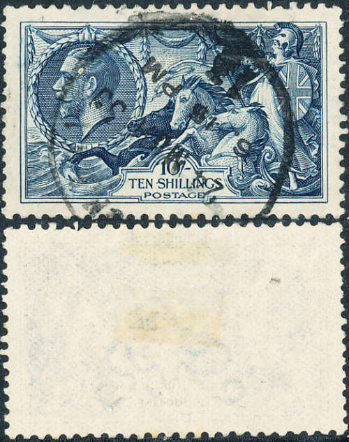 Great Britain - 1934 - Re-Engraved Seahorses - 10s indigo fine used light parcel pmk . SG 452 .