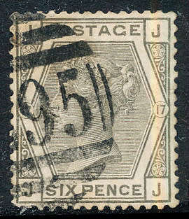 Great Britain - 1880 - 83 - 6d grey Plate 17 fine used part oval bar pmk . SG 161 .