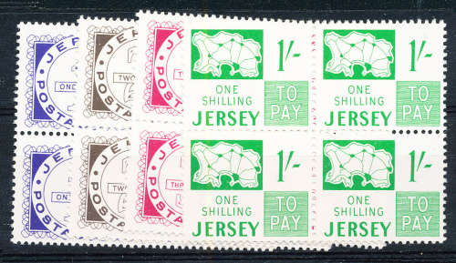 Jersey Postage Dues - 1969 - 1d, 2d, 3d, 1s u.m. blocks of 4 . D 1-4