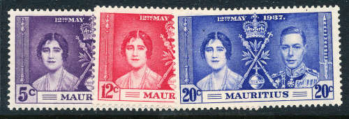 Mauritius - 1937 - Coronation - Set of 3 mint unhinged . SG 249-251 .
