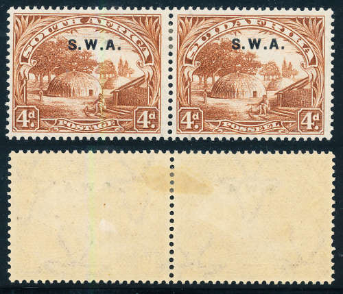South West Africa - 1927 - 1930 - Lon Picts Ovptd S.W.A. 4d brown horiz pair mint hinged . SACC 85 .