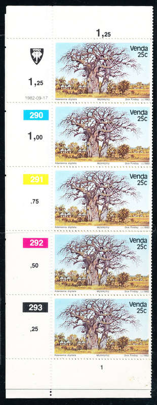 Venda - 1982 - Indigenous Trees - set of 4 u.m. control strips of 5 . 63-66 .