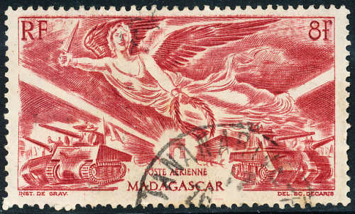 Madagascar - 1946 - Air Victory - 8fr brown-red fine used . SG 281 .