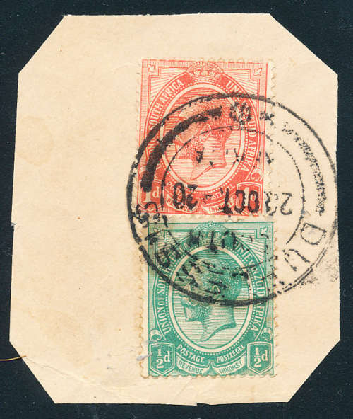 South Africa Postmarks - Du Plessis - Africa Double Circle pmk D/D 20-Oct-20 on piece stamping ½d &