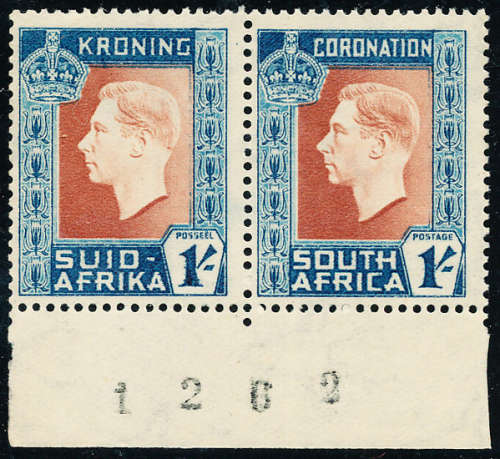 South Africa - 1937 - Coronation - 1s horiz pair with sheet no in margins . SACC 74 .