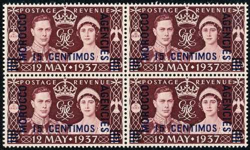 Morocco Agencies - 1937 - Coronation of G.B. Ovpt & Surch - 15c on 1½d block of 4 u.m. SG 164 .