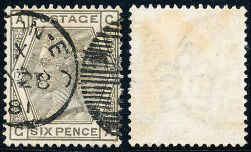 Great Britain - 1873-80 - Victoria - 6d grey plate 17 fine used part C.D.S. & oval bar . SG 147 .