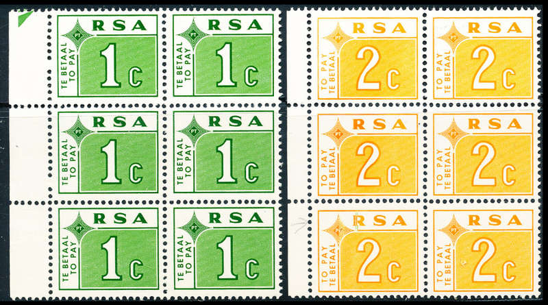 South Africa Postage Dues - 1c & 2c blocks of 6 (2x3) mint unhinged - SACC D63-64