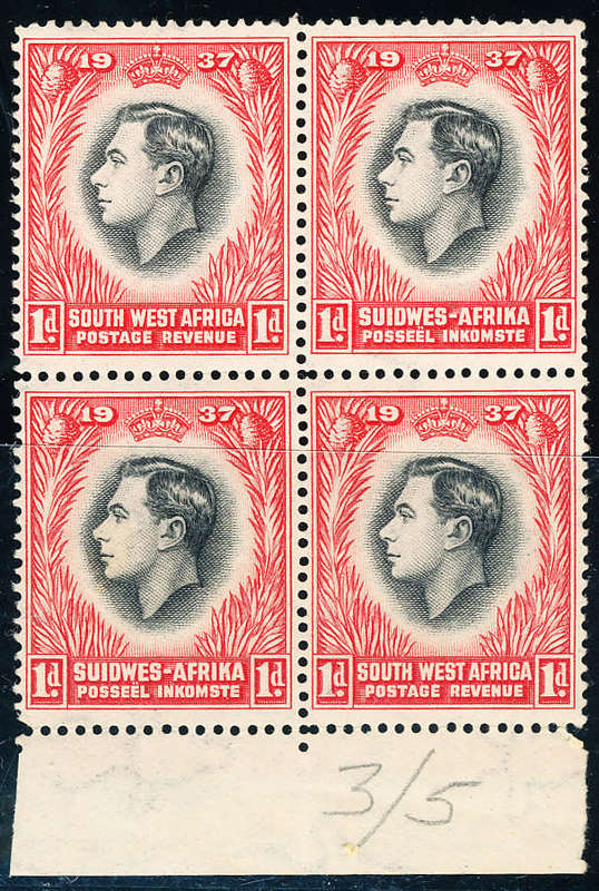 South West Africa - 1937 - KGVI Coronation - 1d red & black block of 4 mint unhinged - SACC 125