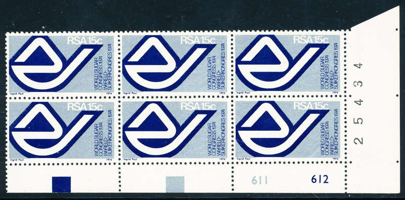 South Africa - 1974 - World Congress - 15c control block of 6 Cyl 611 612 mint unhinged - SACC 355