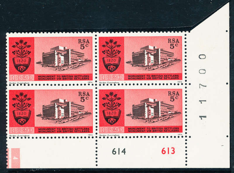 South Africa - 1974 - Inauguration of British Settlers - 5c block of 4 cyl 614 613 - U.M - SACC 357
