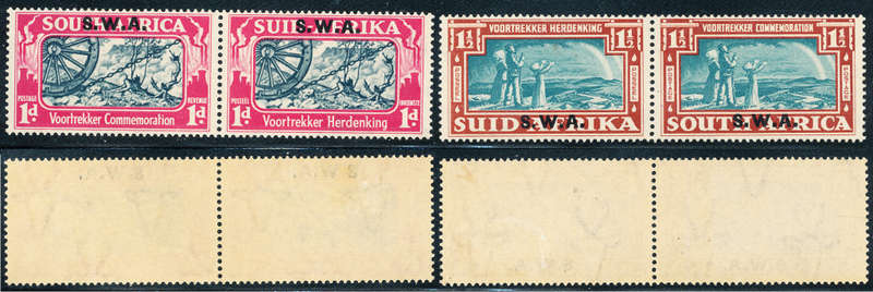 South West Africa - 1938 - Voortrekker Comm - set of 2 horiz pairs mint hinged . SACC 136-137 .