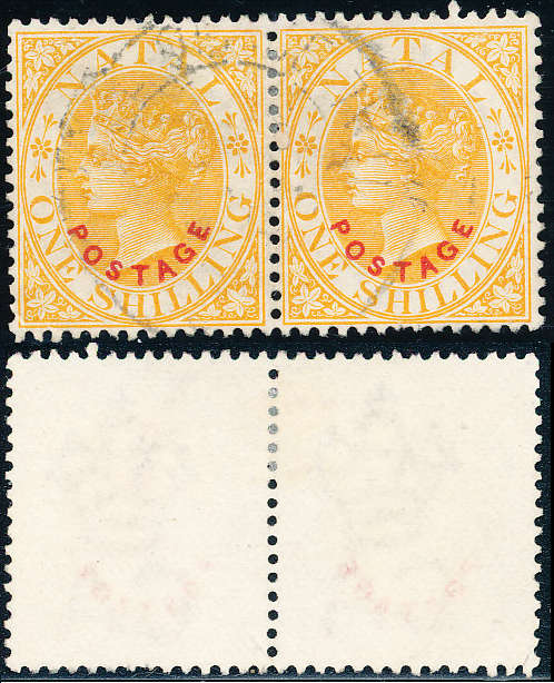 Natal - 1888 - Victoria - 1s orange ovpt postage in carmine fine used horiz pair . SACC 108 .