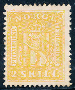 Norway - 1863 - 1864 - 2 sk yellow unused no gum odd short perf . SG 12 .