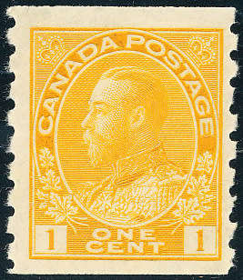 Canada - 1922 - 31 - Geo V - 1c chrome-yellow coil stamp imperf x 8 mint hinged . SG 256 .