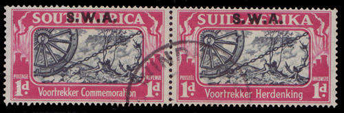 South West Africa  - 1938 - Voortrekker Comm - 1d blue & carmine fine used horiz pair.