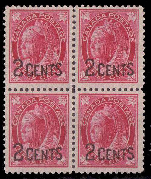 Canada - 1899 - Surch - 2c on 3c carmine block of 4 mint unhinged.