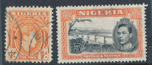 Nigeria - 1938-51 - Geo VI - 4d orange& 5s black&orange perf 13&1/2 fine used.