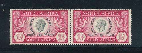 South Africa - 1935 - Silver Jubilee - 1d block & carmine mint unhinged horiz pair var cleft skull.