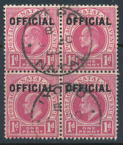 Natal Official Stamps - 1904 - 1d carmine fine used block of 4 (SACC O2).