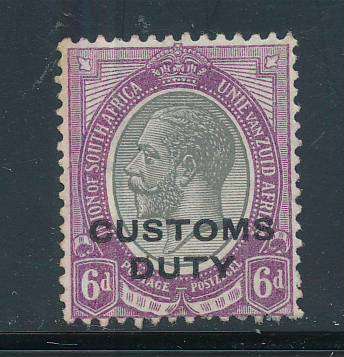 South Africa Customs Stamps - 1913-18 - Customs Duty - 6d black & violet unused no gum (B&H 7).