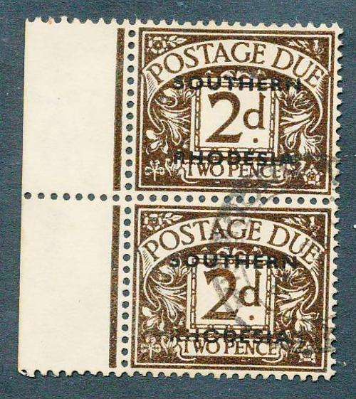 Southern Rhodesia -1951 -G.B.Dues ovptd - 2d agate fine used pair. (SG D3)