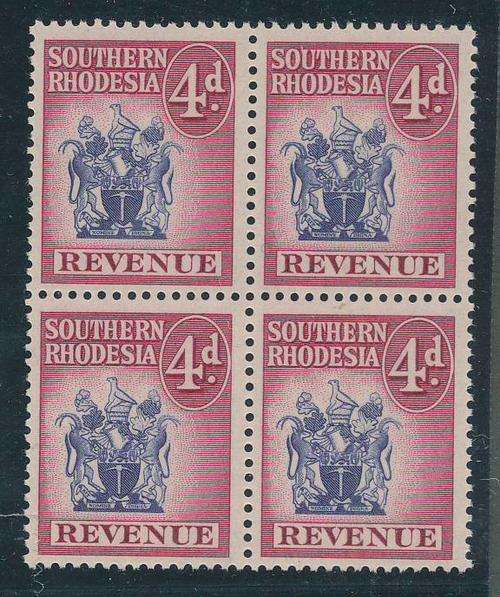 Southern Rhodesia Revenue Stamps - 1952 - Arms - 4d red & blue u.m. block of 4. (B&H 30)