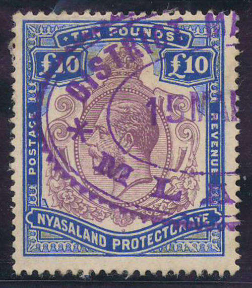 Nyasaland Protectorate - 1913-19 - Geo V - £10 purple & royal blue fiscally used. (SG 99e)