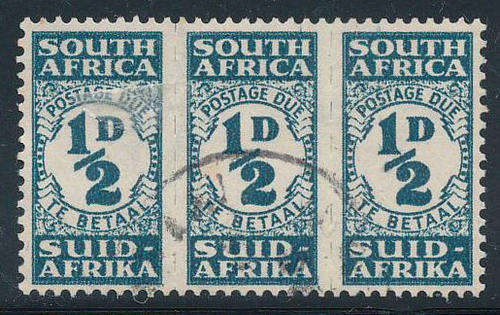South Africa Postage Dues - 1943-44 - Small design -Â½d blue-green fine used unit of 3 stamps. (D29)