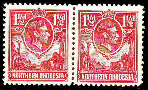Northern Rhodesia - 1938 - 52 - Geo VI - 1 1/2d carmine-red mint  hinged horiz pair.