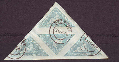 South Africa - 1926 - Triangular - 4d (afrk) triangular unit of 4 stamps fine used.