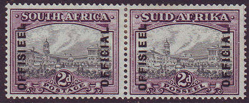 South Africa Official Stamps - 1944 - Ovpt Reading Upwards - 2d grey-purple mint hinged horiz pairs.