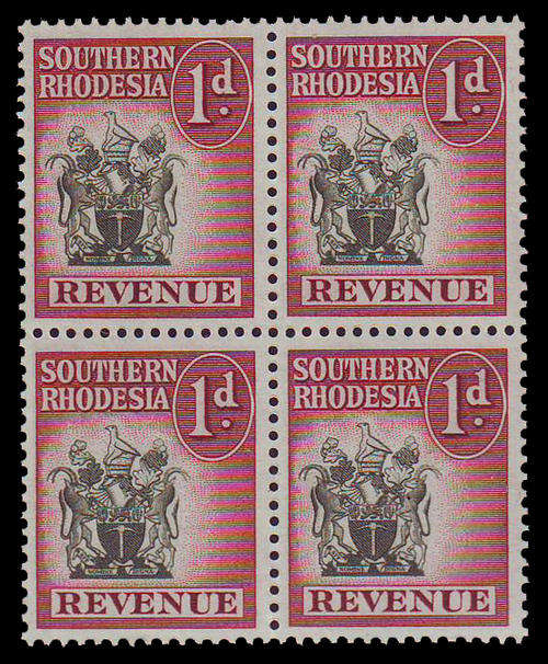 Southern Rhodesia Revenue Stamps - 1952 - Arms - 1d brown + green mint unhinged block of 4.