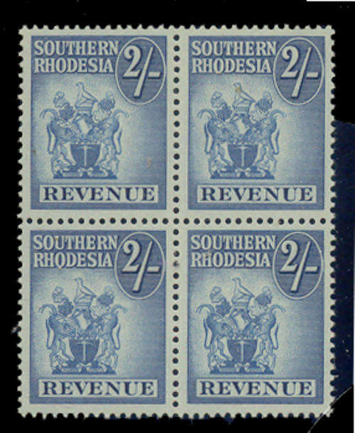Southern Rhodesia Revenue Stamps - 1952 - Arms - 2s blue & blue mint unhinged block of 4.