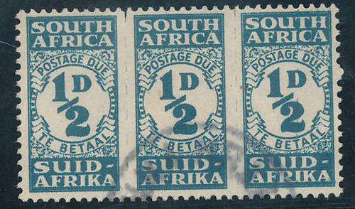South Africa Postage Dues - 1943-44 - Â½d blue green fine used unit of 3 stamps (SACC D29).