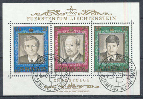 Leichtenstein - 1988 - 50th Anniv Of Accension - m/sheet very fine used F.F pmk (SG 938).