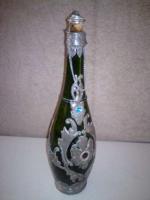 Green Glass Bottle with Decorative Pewter  Designs