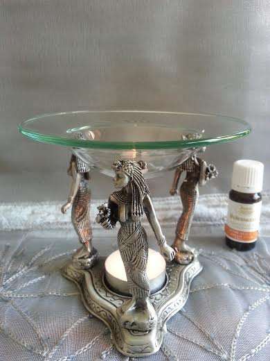 Pewter Egyptian ladies Essential Oil Burner - incl Essential Oil & Tea light candles