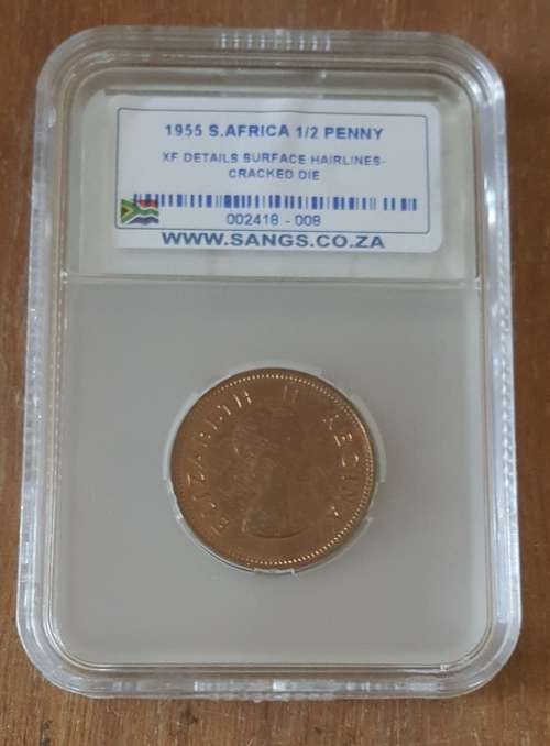 1955 SA Union 1/2 Penny : XF CRACKED DIE!!!