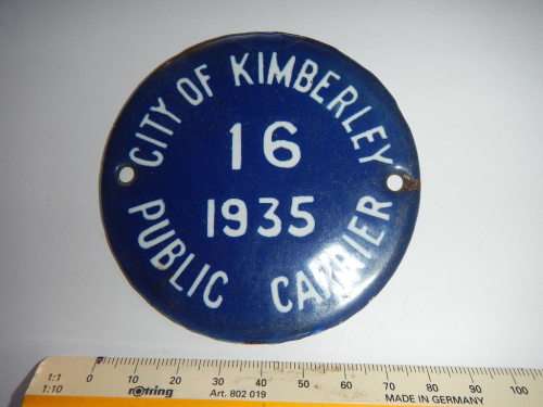 CITY OF KIMBERLEY ENAMELED PUBLIC CARRIER LICENCE 1935