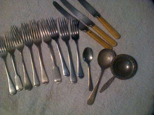 BONEHANDLED KNIVES FORKS SPOONS AND A TEA STRAINER FOR ONE BID