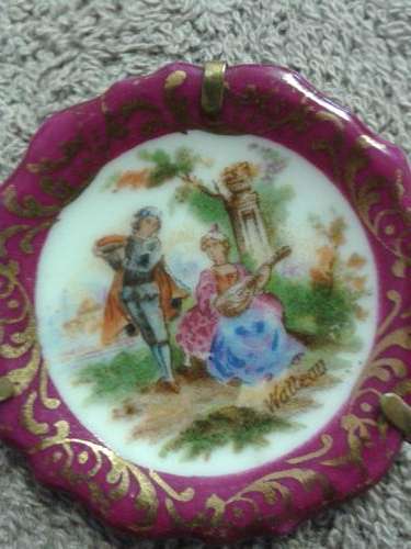 Limoges France Porcelain Pin/Brooch signed courting scene