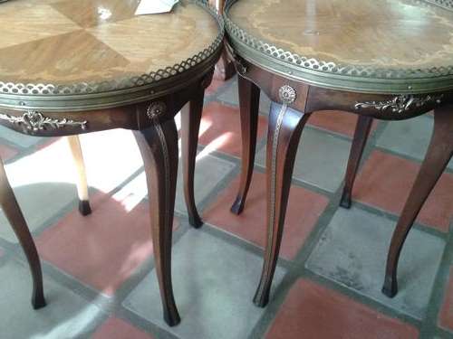 Charming Pair of French Wood inlay and brass side tables with lots of character