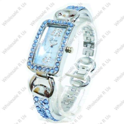 Ladies Crystal Accented Bracelet Dress Watch Silver with Pale Blue Face